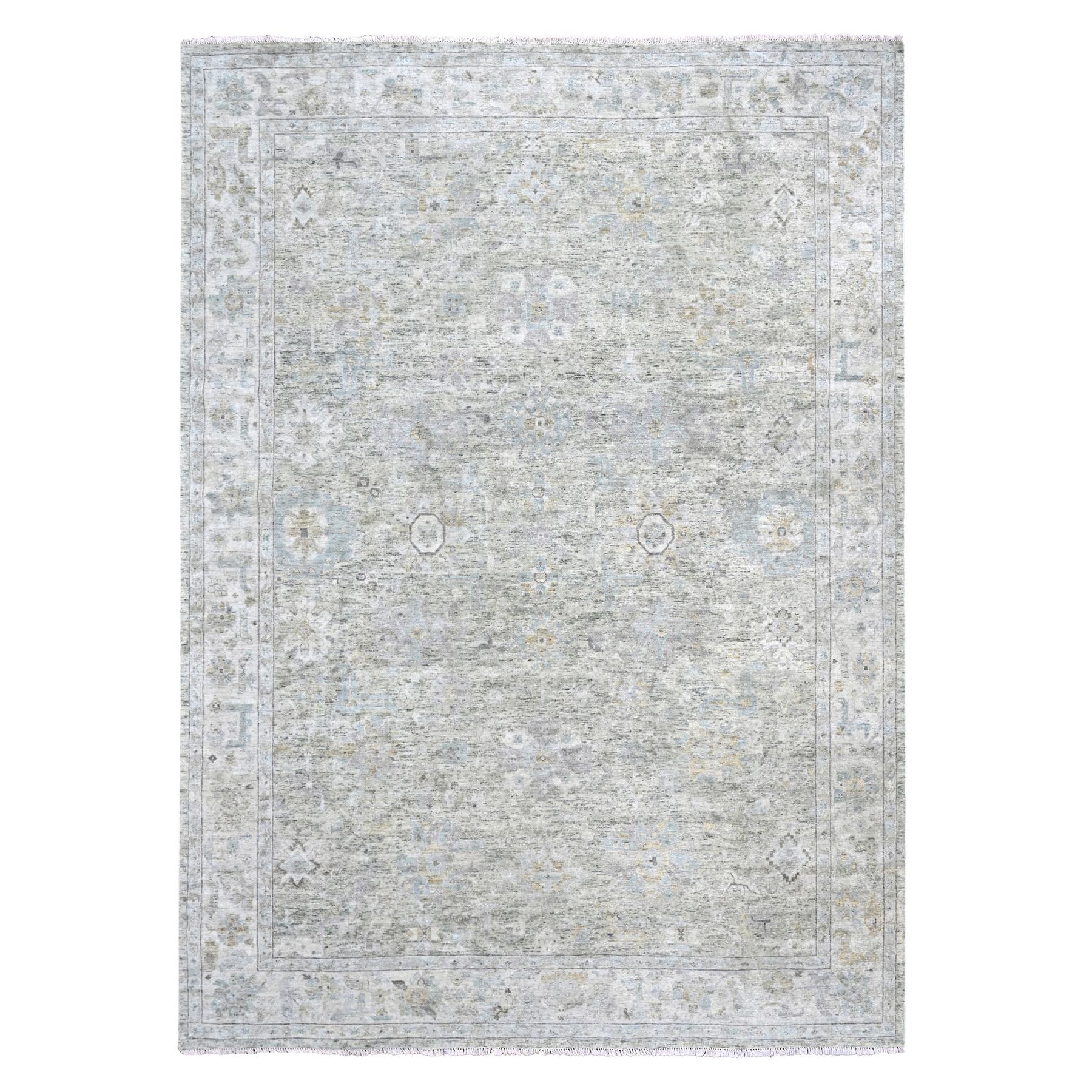 Greenish Gray, Distressed, Antiqued Persian with Ziegler Mahal Design, Oxidized, Zero Pile, Shaved Low, 100% Wool, Hand Knotted, Oriental Rug